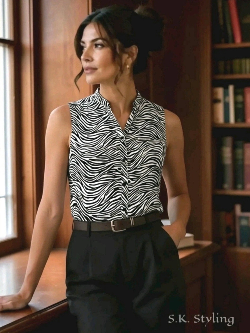 Marina Luna Zebra Print Bouse Sleeveless Button-up 100% Linen Shirt Size Small